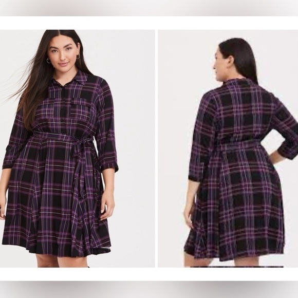 torrid Dresses & Skirts - TORRID: Purple Plaid Mini Challis Button-Front Shirt Dress